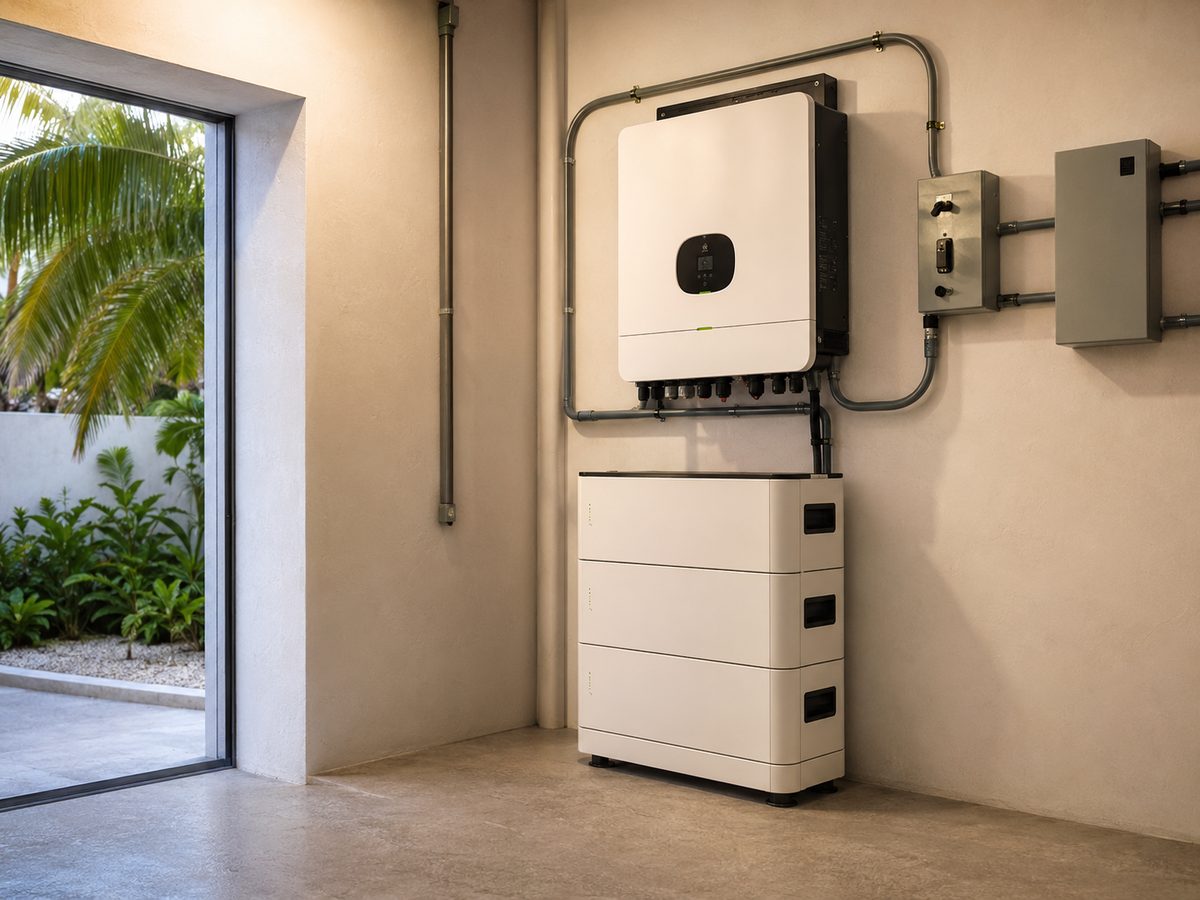 Inverter and three stacked battery modules mounted on an interior wall next to the main panel