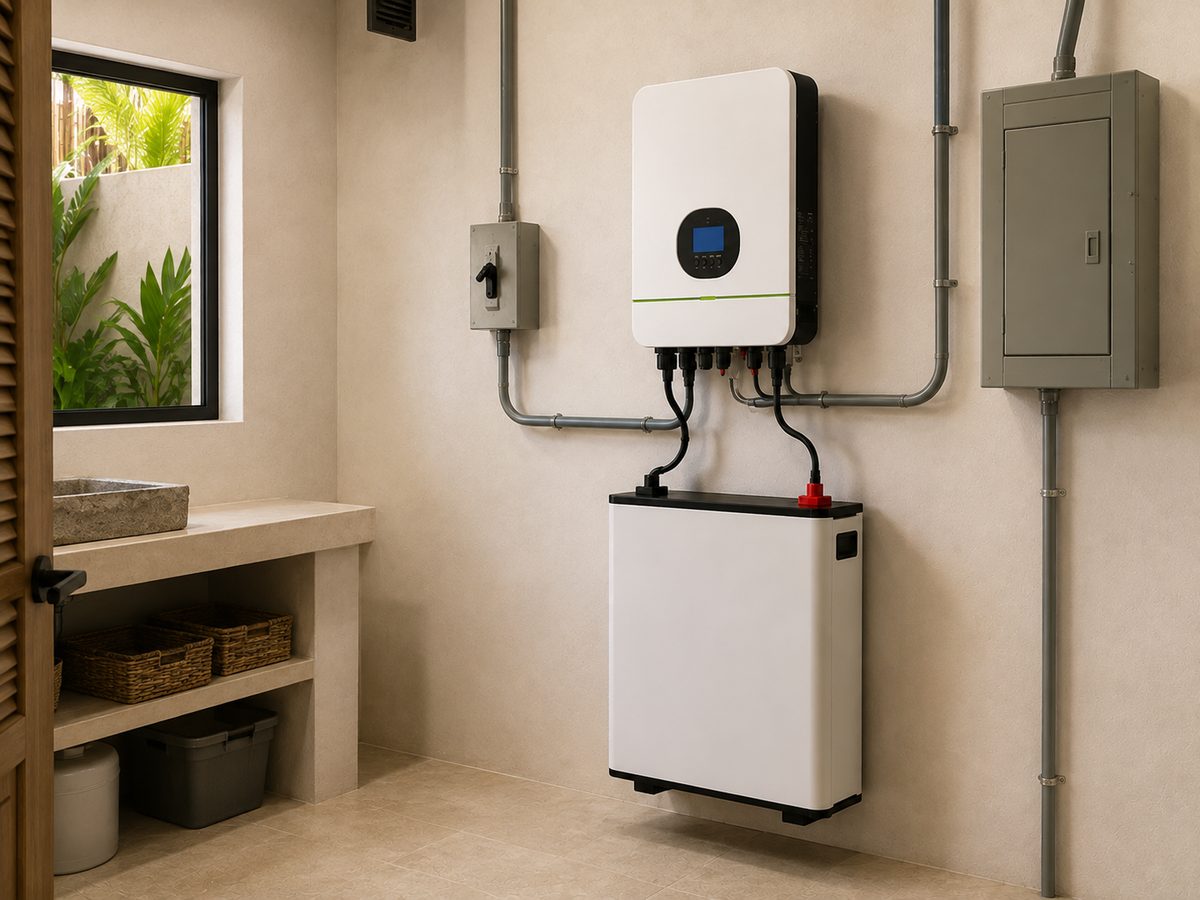 Inverter and a single battery module mounted on an interior wall near a bathroom vanity